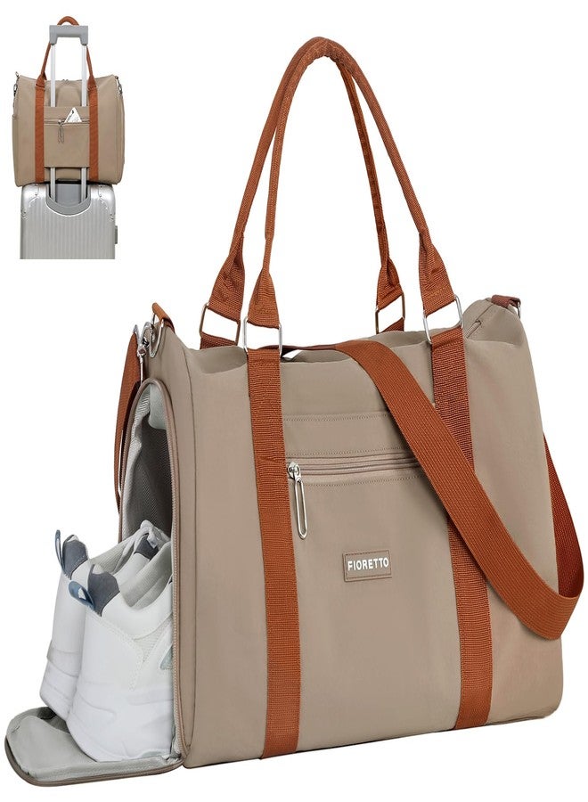 FIORETTO Womens Gym Tote Duffle Weekender Bag with Wet Pocket & Shoe Compartment, Ideal for Travel, Swimming, Dance, Khaki - Image 1